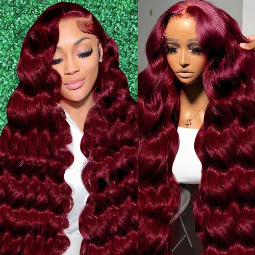 Gemlong 24 Inch 99J Burgundy Lace Front Wigs Human Hair Body Wave 13x4 HD Transparent Pre Plucked Glueless Lace Frontal Wig Human Hair 200% Density Red Wine Colored Human Hair Wigs for Women