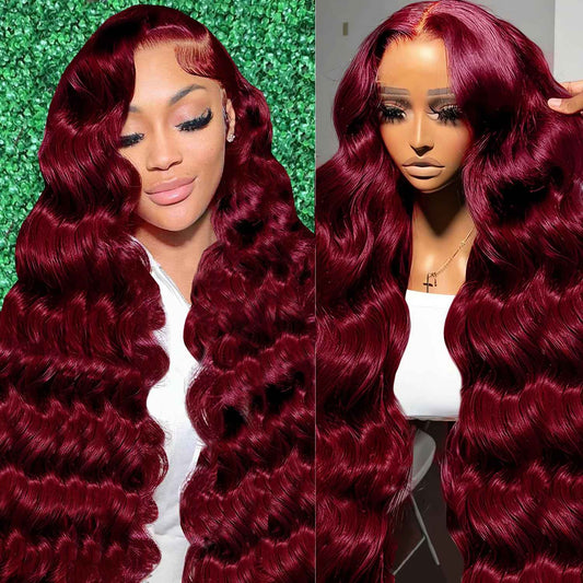 Gemlong 24 Inch 99J Burgundy Lace Front Wigs Human Hair Body Wave 13x4 HD Transparent Pre Plucked Glueless Lace Frontal Wig Human Hair 200% Density Red Wine Colored Human Hair Wigs for Women