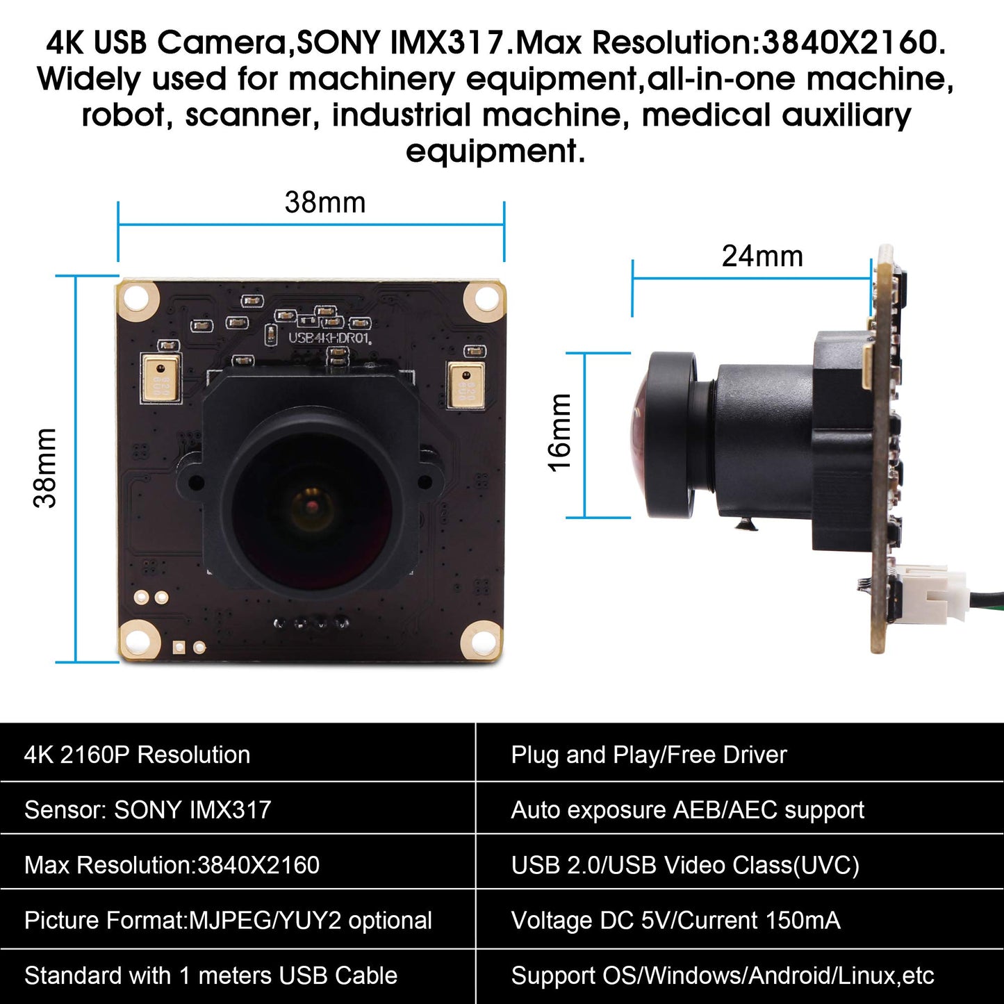 4K USB Camera Module Wide Angle with Microphone 170degree Fisheye Lens Audio Video Webcam Board for Computer Mini UVC USB2.0 PC Camera Industrial USB with Camera IMX317 Lightburn Camera