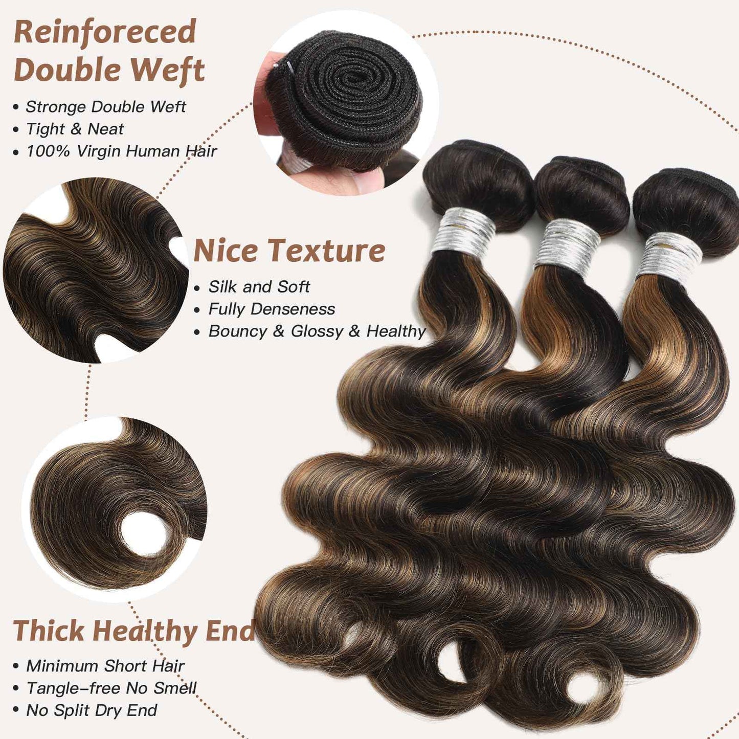 Honey Blonde Bundles with Closure Highlights Body Wave, 3 Highlighted Bundles with 4x4 Closure Human Hair, Ombre Balayage Piano Color Sew In Weaves 12A Brazilian Virgin Remy Hair 10 12 14+10 Inch