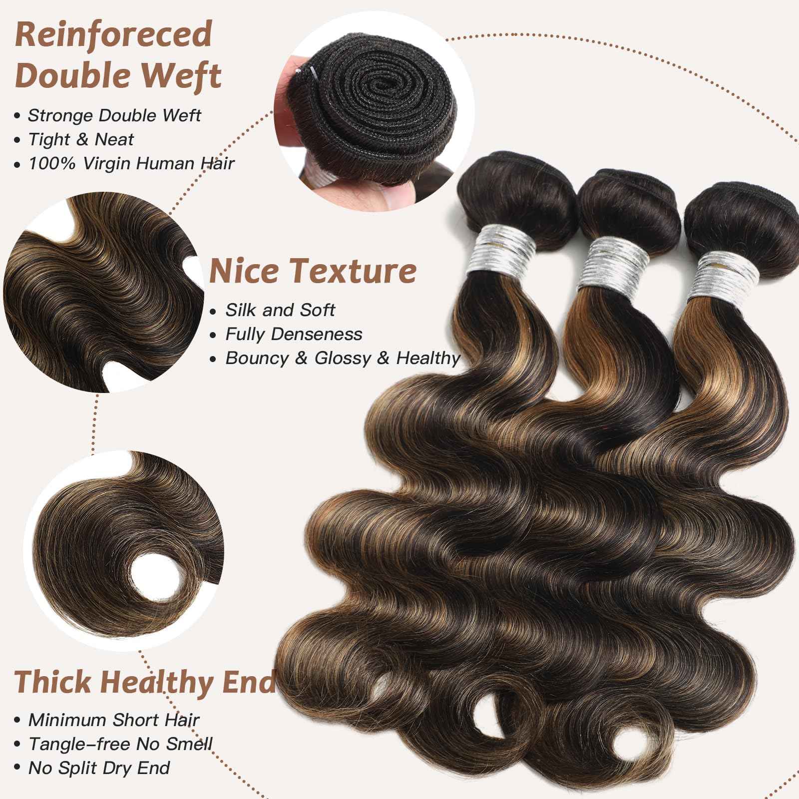 Honey Blonde Bundles with Closure Highlights Body Wave, 3 Highlighted Bundles with 4x4 Closure Human Hair, Ombre Balayage Piano Color Sew In Weaves 12A Brazilian Virgin Remy Hair 10 12 14+10 Inch