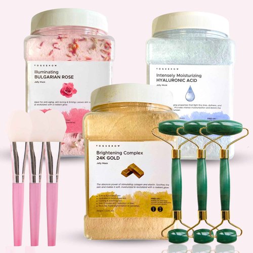 Jelly Face Mask for Facials - 24K Gold + Rose + Hyaluronic Acid (Pack of 3) - Hydrating Brightening & Nourishing - Free Jade Roller & Spatula - Professional Hydrojelly Masks - For Vajacial - 69 Oz Jar
