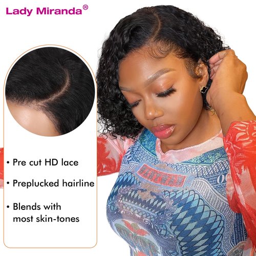 Lady Miranda Curly Human Hair Wigs 13x4 Lace Front Wigs Short Curly Wig for Black Women Wear and Go Human Hair Pre Plucked Pre Cut Short Bob Wig for Black Women