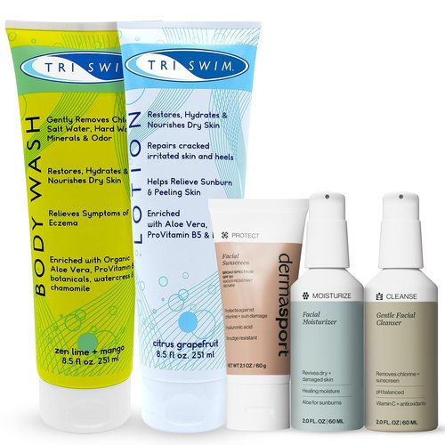 TRISWIM Chlorine Removal Body Wash & After Swim Lotion with Dermasport pH Balancing Cleanser, Hydrating Face Moisturizer, and Facial Sunscreen SPF 50 Bundle | Complete Skincare & Haircare for Swimmers