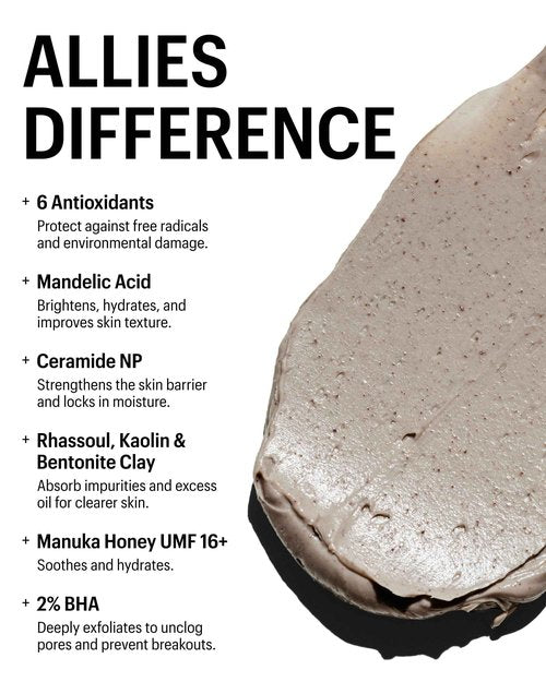 Allies of Skin 2% BHA & Rhassoul Clay Face Mask | Weekly Treatment to Reduce Pores and Blemishes | Control Breakouts, Acne and Blackheads | Hydrate and Retain Moisture (1.7 oz)