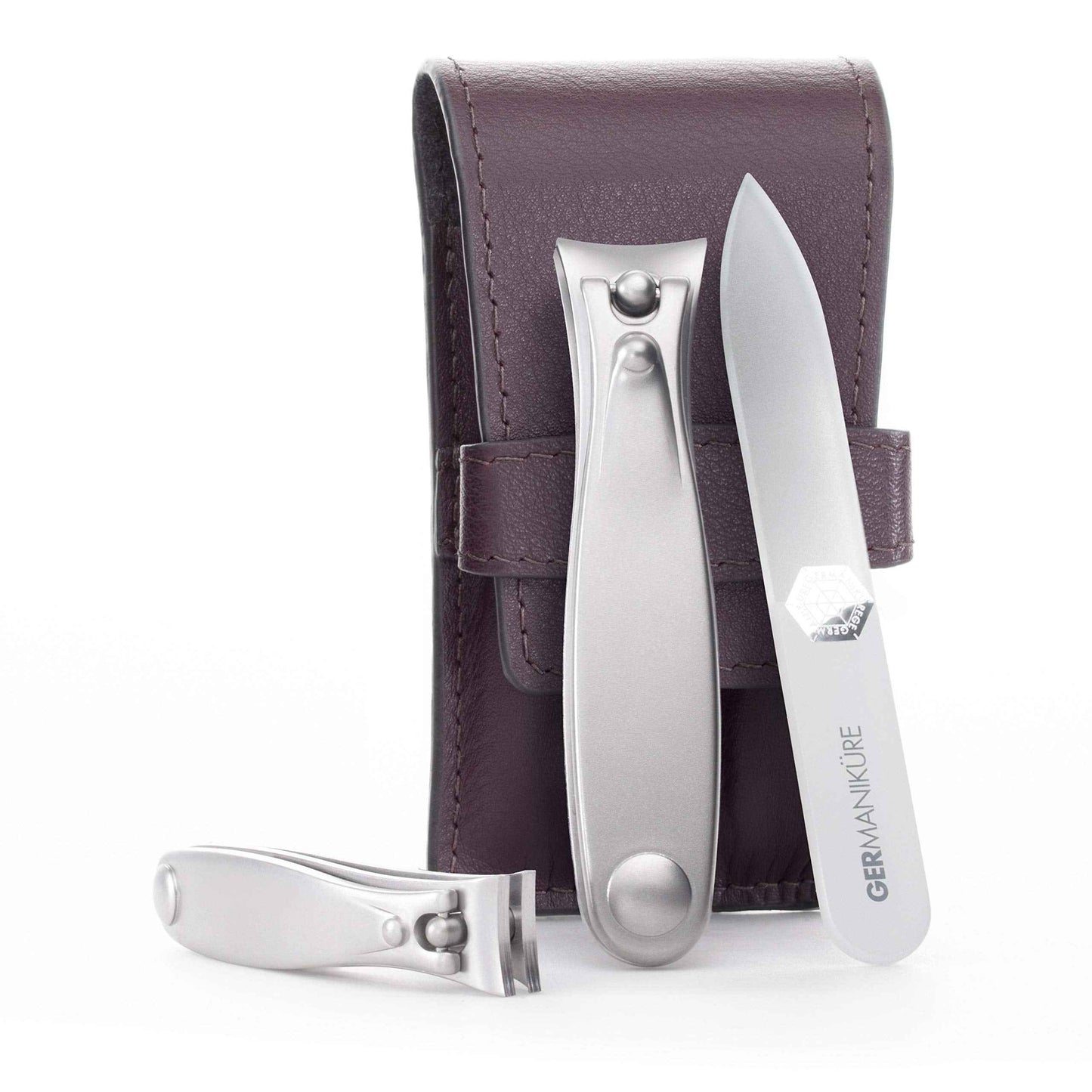 GERMANIKURE Nail clippers and Glass Nail File Set in Dark Purple Leather Case - Made in Solingen Germany of FINOX Stainless Steel, Glass Nail Care Supplies Made in Czech Republic
