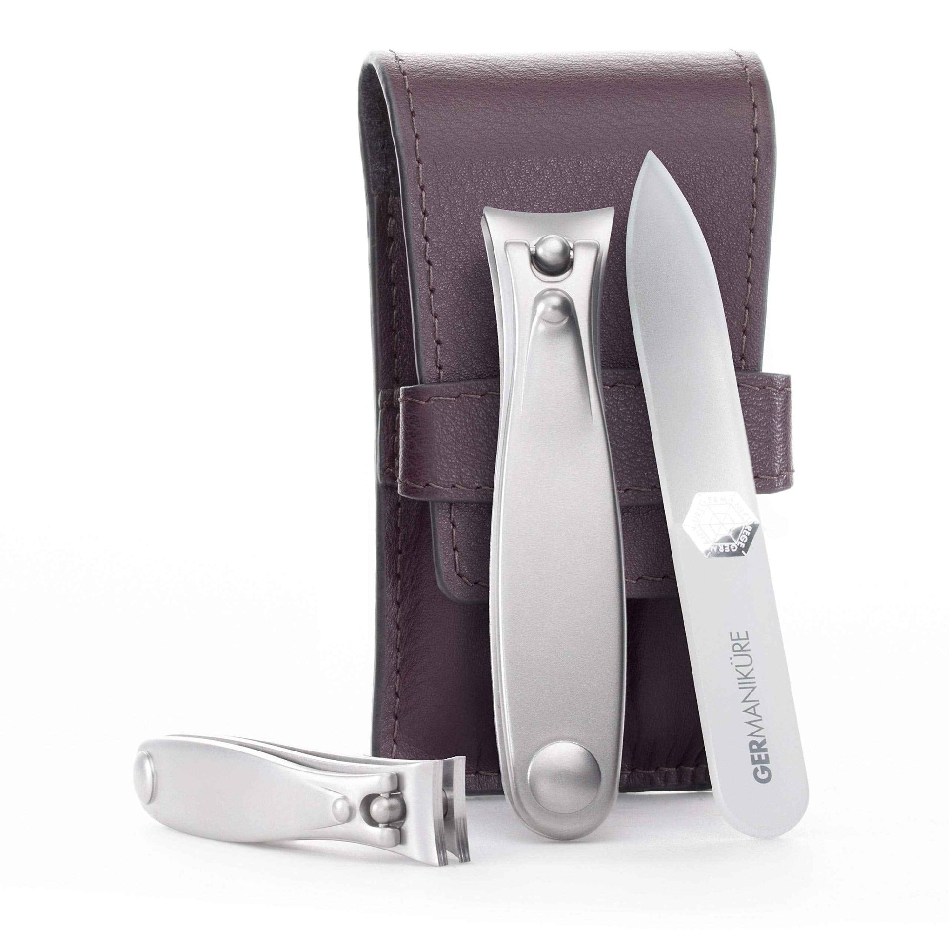 GERMANIKURE Nail clippers and Glass Nail File Set in Dark Purple Leather Case - Made in Solingen Germany of FINOX Stainless Steel, Glass Nail Care Supplies Made in Czech Republic