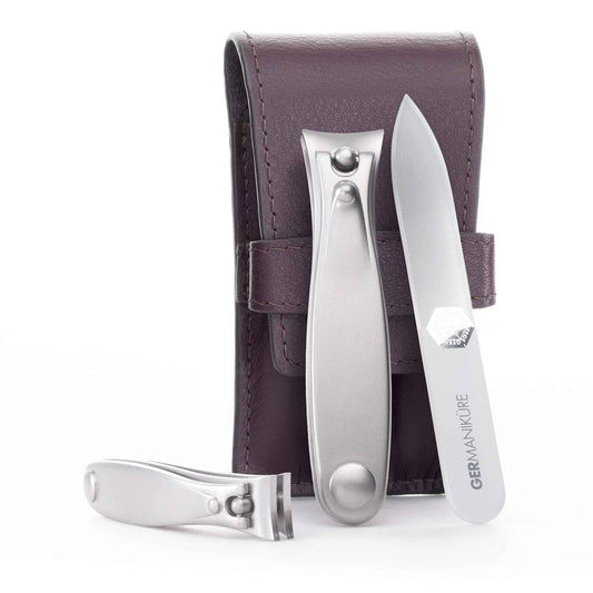 GERMANIKURE Nail clippers and Glass Nail File Set in Dark Purple Leather Case - Made in Solingen Germany of FINOX Stainless Steel, Glass Nail Care Supplies Made in Czech Republic