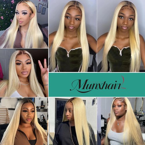 Munx Blonde Wear and Go Glueless Wig Human Hair 13x4 HD Lace Front Wigs for Women 180% Density Pre Plucked with Baby Hair Colored Straight Ombre Blonde 1b613 Lace Wigs 16 Inch
