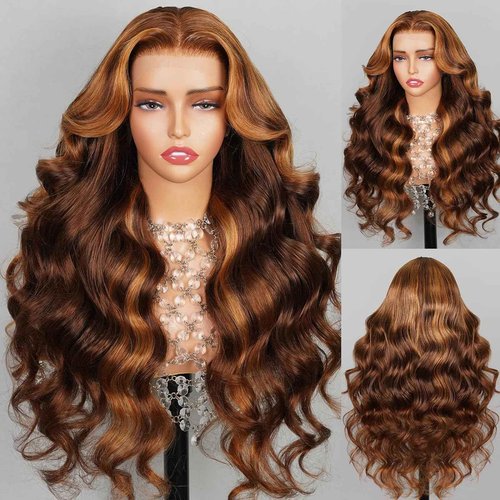 Peenoll Human Hair Wig Highlight P4/30 Lace Frontal Body Wave Pre Plucked Pre Cut Closure Glueless Wigs With Elastic Band 200% Density