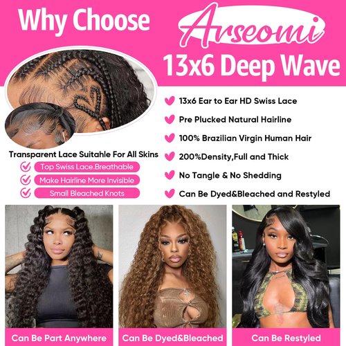 Arseomi Deep Wave Lace Front Wigs Human Hair 200% Density13x6 HD Transparent Deep Wave Lace Frontal Wigs Pre Plucked Deep Wave Wig Glueless Curly Lace Front Wigs for Women (22 Inch)