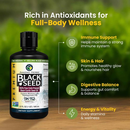 Amazing Herbs Premium Black Seed Oil - Cold Pressed Nigella Sativa Aids in Digestive Health, Immune Support, Brain Function, Joint Mobility, Gluten Free, Non GMO - 32 Fl Oz