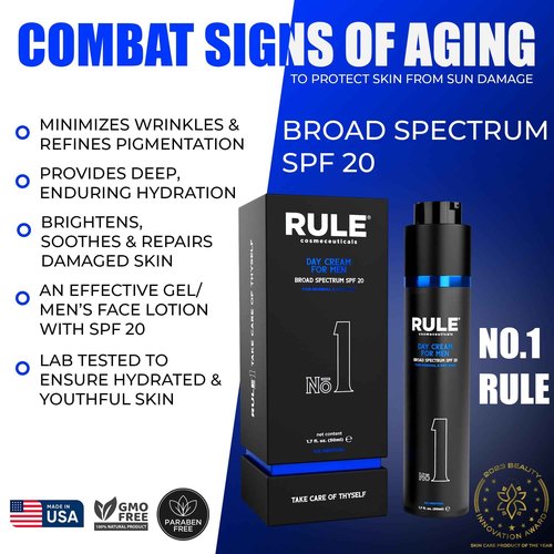 RULE COSMECEUTICALS No.1 Day Cream for Men, 10-in-1 Anti-Aging Face Moisturizer to Reduce Wrinkles & Dryness, SPF 20, Collagen, Vitamins B, C & E - Normal & Dry Skin - No Menthol, 50 mL