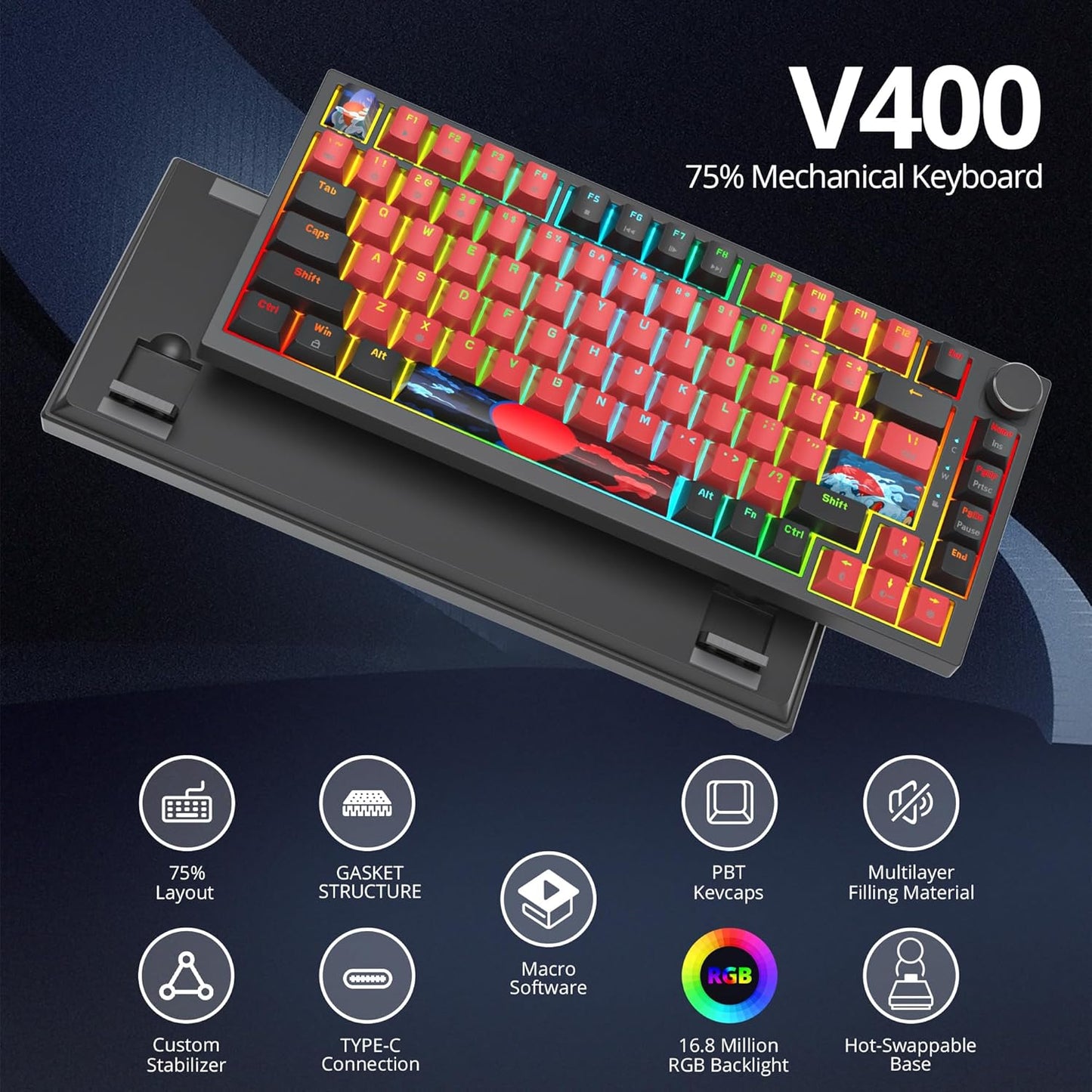 75% TKL Wired Mechanical Keyboard,RGB Backlit Gasket Mount 82 Key Hot Swappable Custom Linear Red Switch Gaming Keyboard with Volume Knob & PBT Keycaps (82 White Earth)