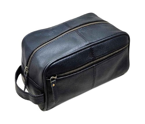 jaald Men's Large Genuine Black Luxury Leather Toiletry Bag Shower Kit Shaving And Grooming Bag For Travel Groomsmen Gift Men Women Hanging Zippered Makeup Bathroom Cosmetic Pouch Make Up Case