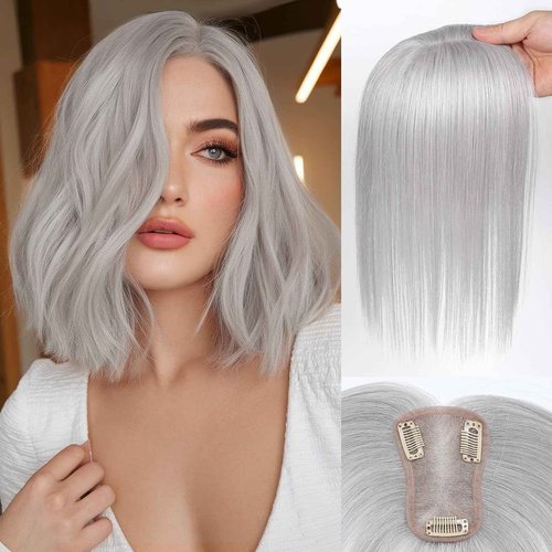 SHEIRIS Real Human Hair Topper 12 Inch Human Hair Toppers for Thinning Hair Hand-woven area 3.2"x4.3" Swiss Base Natural Hairpiece Wiglet for Women Daily Natural (#Light Gray)