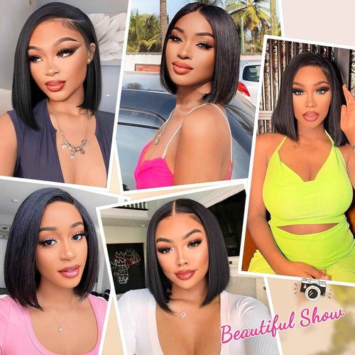 MUXFILLA 14 Inch Bob Wig Human Hair 13x4 HD Lace Front Wigs Pre Plucked Long Straight Hair Replacement Lace Frontal for Black Women 200% Density Glueless with Elastic Band, Nature Black