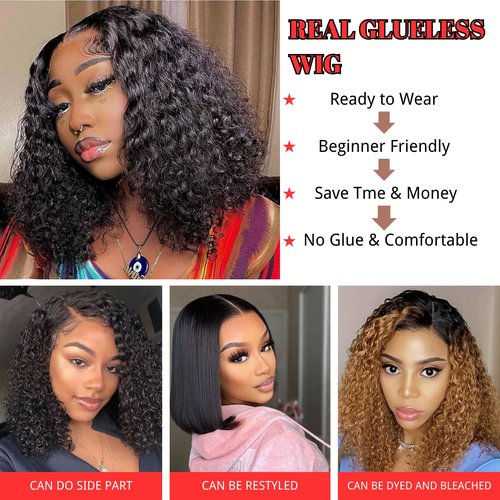 Glueless Wigs Human Hair Pre Plucked Pre Cut Kinky Curly Short Wear and Go Glueless Bob Wigs For Black Women Wet and Wavy Swiss Hd Transparent Lace Closure Wig 5x5 180% Density Middle Part (1B#16inch)