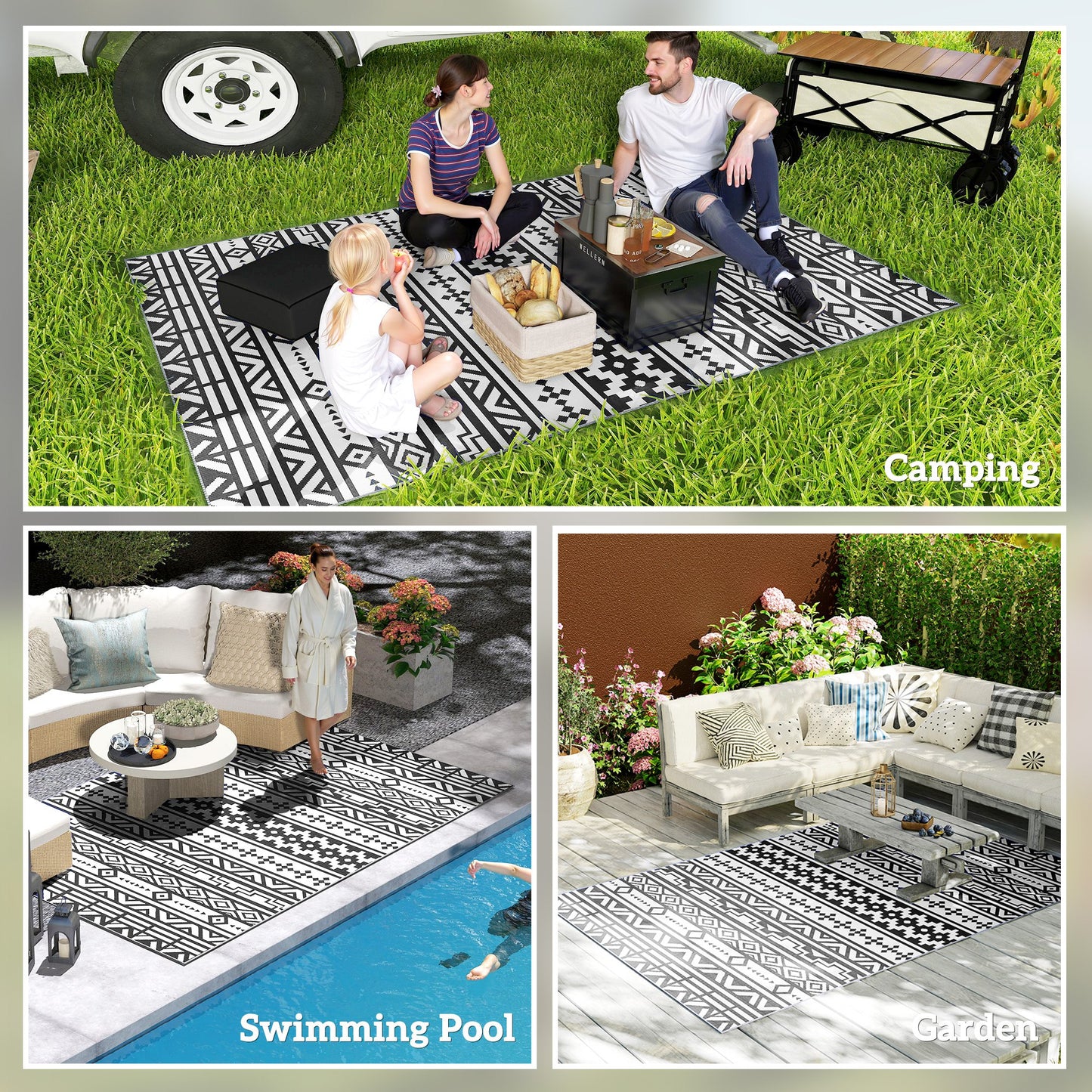 Reversible Outdoor Rug - Waterproof Black & White Geometric, 6x9