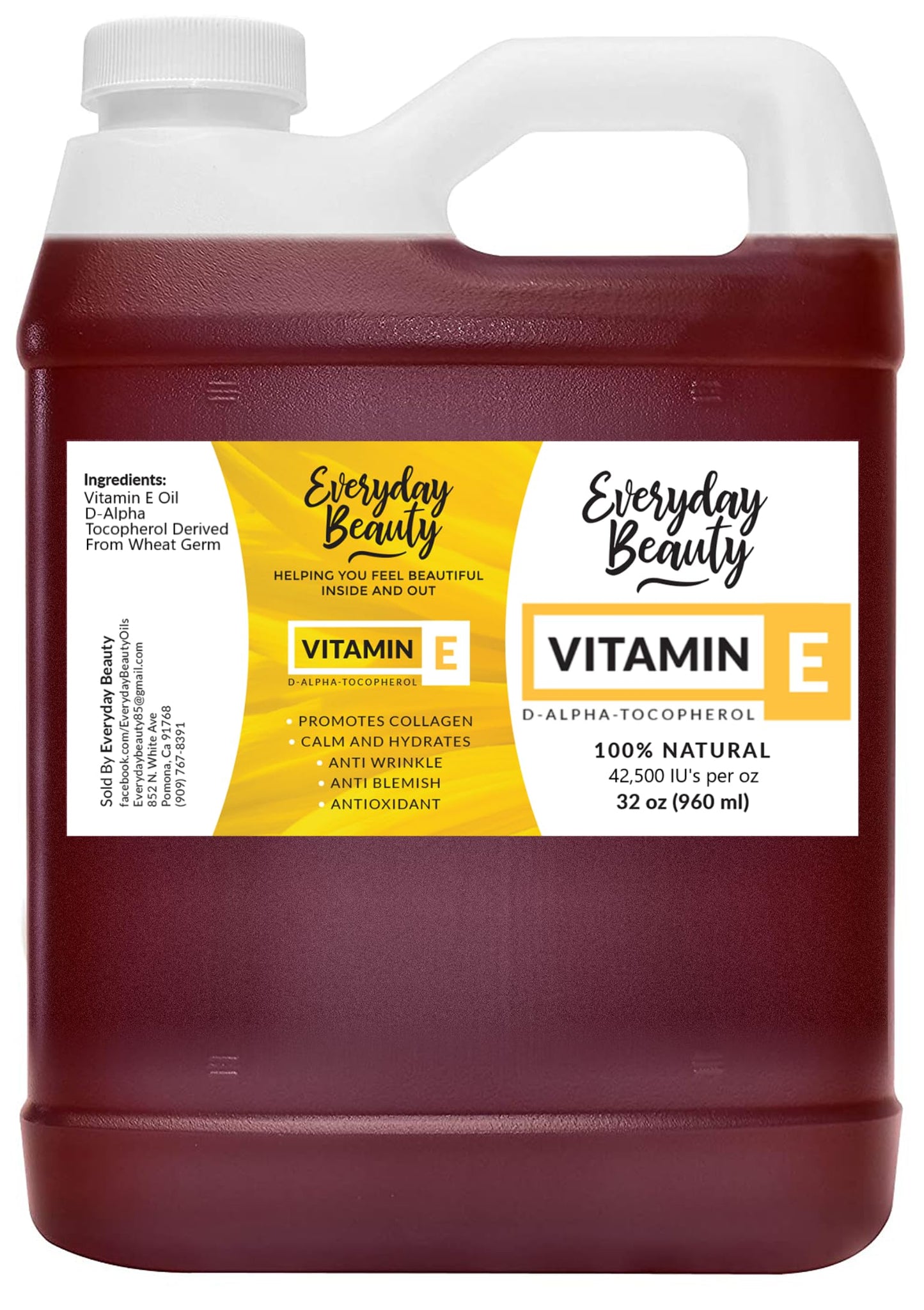 Pure Vitamin E Oil Bulk - 32 oz D-Alpha Tocopherol 100% Pure & All Natural 42,500 IU per oz - Not a Blend, Thick, Amber Color - from Wheat Germ - Face Body Hair - DIY Cosmetics & After Surgery Scars