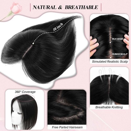 POWERASIA Real Human Hair Toppers for Women - No Bangs Wiglets, Upgrade 3.9x4.7Inch Silk Base Clip ins, 150% Density Remy Hair Wig Topper #1 Jet Black