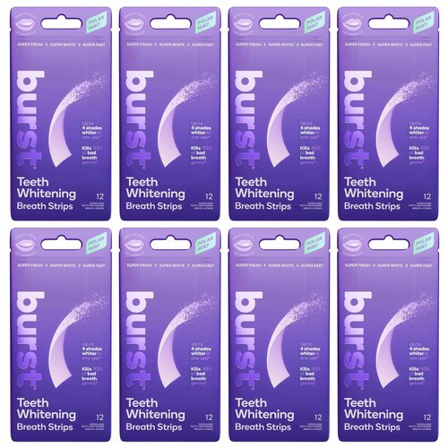 Burst Teeth Whitening Breath Strips (Polar Mint/8 Pack) | Kills 93% of Bad Mouth Germs | Up to 4 Shades Whiter in One Use | Easy to Apply/Quick Dissolving