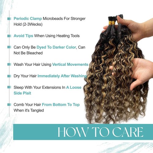 Curly I Tip Hair Extensions, Highlights I Tip Human Hair Extensions Natural Black Highlight Honey Blonde Human Hair Water Wave I Tip Extension Remy Human Hair Add Volume and length 28Inch 50g 1g/s