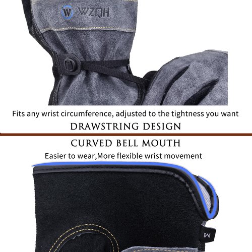 WZQH Leather Work Gloves for Men or Women, Large Glove for Gardening, Tig/Mig Welding, Construction, Chainsaw, Farm, Ranch, etc. Cowhide, Cotton Lined, Utility, Firm Grip, Durable. Grey-Black L