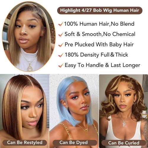 Nopxam Highlight 4/27 Bob Wig Human Hair 13x4 HD Transparent Lace Front Wigs Human Hair 180% Density Short Bob Glueless Straight Wigs Human Hair for Women 16 Inch