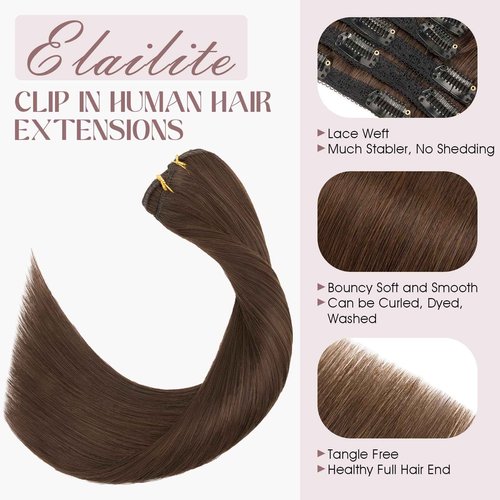 Elailite Clip in Hair Extensions Real Human Hair, Remy Hairpieces for Women, 7PCS Lace Weft Full Head, 12 Inch 90g Dark Brown