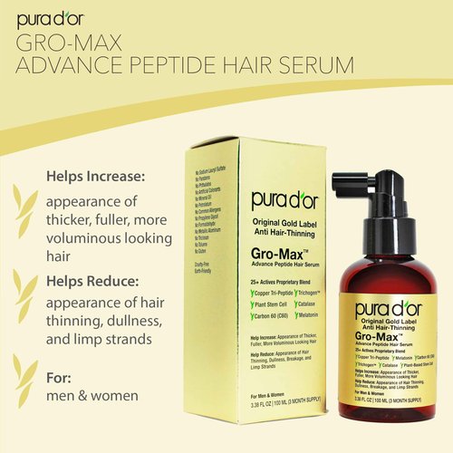 PURA D'OR 3.38 Oz Gro-Max Advanced Peptide Hair Serum (NEW FORMULA) Plant Stem Cell, Catalase, Copper Tri-Peptide, C60, Biotin, Melatonin, Trichogen, Caffeine, Rosemary - Stronger, Thicker Hair