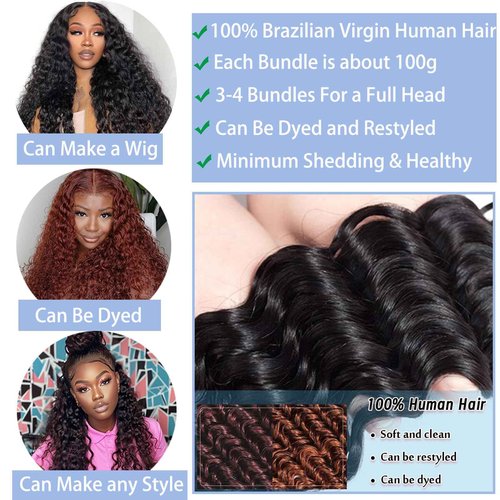 Deep Wave Human Hair Bundles 18 20 22 Inch Deep Curly Bundles Human Hair 12A Unprocessed Brazilian Virgin Weave 3 Bundles Real Human Hair Extensions 1B Natural Black Bundle for Women