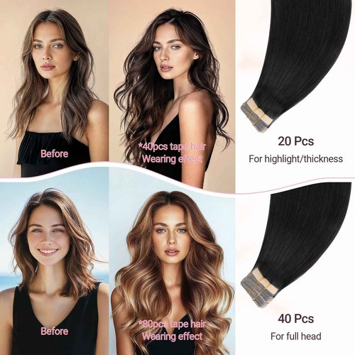 MAXITA Tape in Hair Extensions Human Hair 1B Natural Black 18 Inch 100g 40pcs Thick Ends Remy Human Hair Seamless Straight Hair Extensions Invisible Tape in Extensions Human Hair