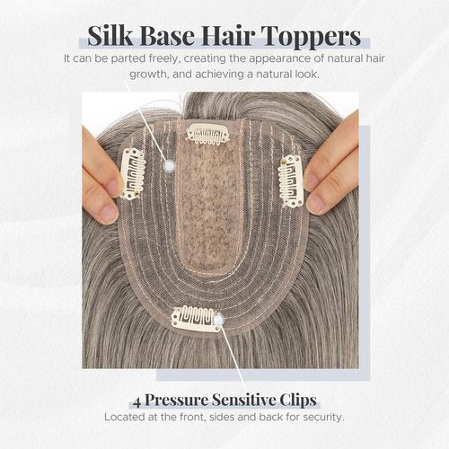 SEGOHAIR Hair Topper for Thinning Hair, Human Hair, 4 Clips, Silk Base 3.94x4.72, 6 Inches, Light Salt and Pepper Color, Style without Front Bangs, Achieve a Fuller, More Youthful Appearance