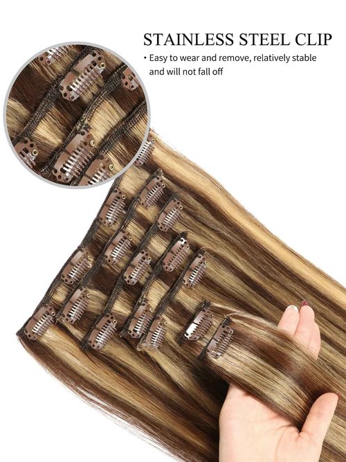 Seamless Clip in Hair Extensions Real Human Hair 8pcs/105g Straight Hair Extensions Clip ins for Women Brazilian 100% Full Virgin Human Hair(20 inch #4P/27)