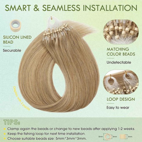 Hairro Loop Ring Human Hair Extensions Micro Link Beads Hair Balayage Highlights Keratin I Tip Pre Bonded Weft Virgin Hair 22 inch 50g 100 Strands #12P613 Golden Brown mix Bleach Blonde