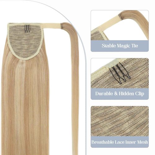 Rich Choices Ponytail Extension 100% Real Human Hair Wrap Around Remy Ponytail Extension for Women Clip In Long Pony tail Extensions Straight 22 Inch #18P613 Ash Blonde Highlighted Bleach Blonde