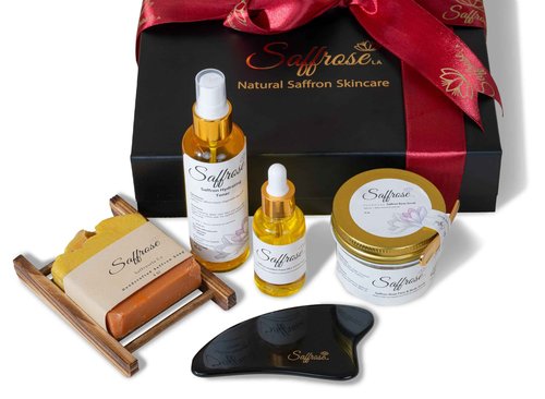 SaffroseLA Handmade Saffron Skincare Gift Set, 5pc including Saffron Soap, Bamboo Soap Dish, Saffron Scrub, Saffron & Rose Facial Toner, Facial Oil, & Gua Sha