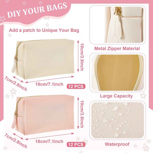 Cunno 24 Pcs Preppy Makeup Bag PU Leather Cosmetic Bag Makeup Pouch Plain Cosmetic Pouch Waterproof Toiletry Bags for Traveling Preppy Travel Purse Cosmetic Organizer