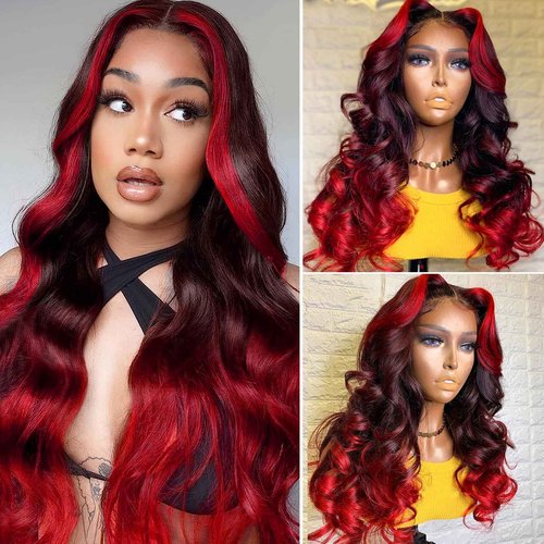YMS Ombre Red HD Lace Front Wigs Human Hair Pre Plucked 180% Density Black and Red Human Hair Wigs for Women Body Wave Colored Skunk Stripe Glueless Wig Real Hair 20 Inch Transparent Lace Frontal Wig