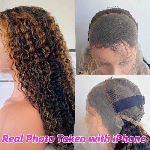 Vlusee 1B/30 Deep Wave Lace Front Wigs Human Hair Pre Plucked Balayage Ombre Brown Curly Lace Front Wig Human Hair13x4 HD Lace Frontal Glueless Wigs for Women 180% Density 26 Inch