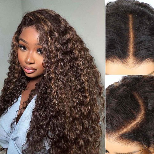 BLY Highlight Wear and Go Glueless Wig Water Wave Human Hair Wigs for Women 18 Inch 5x7 HD Lace Pre Cut Pre Plucked 2/30 Ombre Brown Colored Deep Wave Lace Front Wig 180% Density