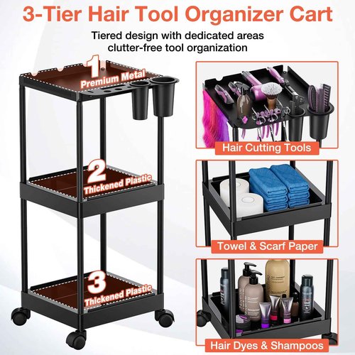 Salon Tray Cart, Rolling Hair Salon Cart with Storage Platform & Hair Separator Stand, Multi-Function 3 Tier Salon Tray for Hairstylist Tool Storage Trolley, Sturdy Mobile Hairdressing Barber Station