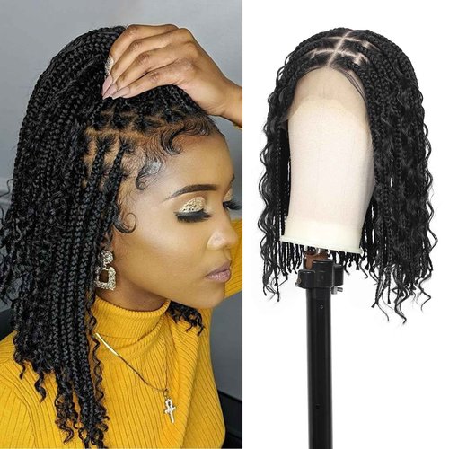 Kalyss 12inch 13x8 HD Lace Front Short Boho Braided Wigs for Women Full Lace Knotless Braided Wig with Bohemian Curly Box Braid Wig with Baby Hair Natural Black Premium Synthetic Braid Wigs