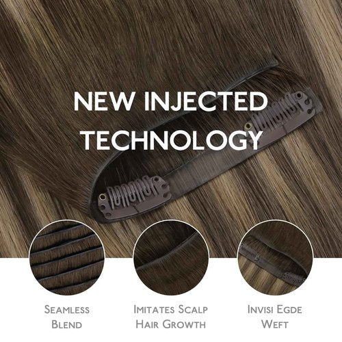 WENNALIFE Invisi Edge Clip in Hair Extensions Real Human Hair, 12 Inch 80g 7pcs Balayage Chocolate Brown to Caramel Blonde Invisible PU Skin Weft Straight Extensiones De Cabello Hmano Clip Ins