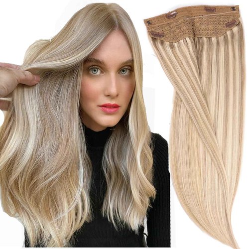 Halo Hair Extensions - Light Blonde Highlighted Bleach Blonde Headband Adjustable Size Removable Secure,Halo Extensions Real Human Hair #1622O 14 Inch 70g