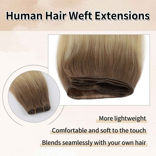 ABH AMAZINGBEAUTY HAIR Genius Weft Hair Extensions Human Hair Sew in Hair Extensions Real Human Hair Weft Extensions Hand Tied Virgin Hair 50G, #R6/18/613 Root Chestnut Brown Highlight Blonde 16 Inch