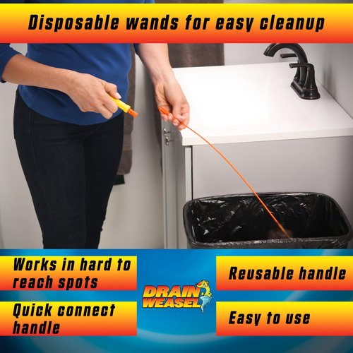 FlexiSnake Drain Weasel Sink Snake Hair Clog Remover Tool, Pipe, Bathroom, Bathtub Cleaner, 18-inch, Made in the USA, 5 Wands and Removable Handle