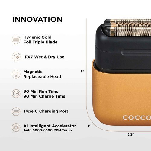 COCCO IMPACTO Shaver, Hygienic Gold Foil Triple Blade, White, Wet & Dry Use, Magnetic Replaceable Head, Intelligent Accelerator, 90 Min Run Time (Gold)