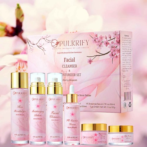 Luxurious Korean Style Cherry Blossom Facial Cleanser & Moisturizer Set Facial Cleanser, Moisturizer, Revitalizer, Serum, Rejuvenator, Eye Cream, Daily Skincare Routine, Retinol-Free, All-skin types
